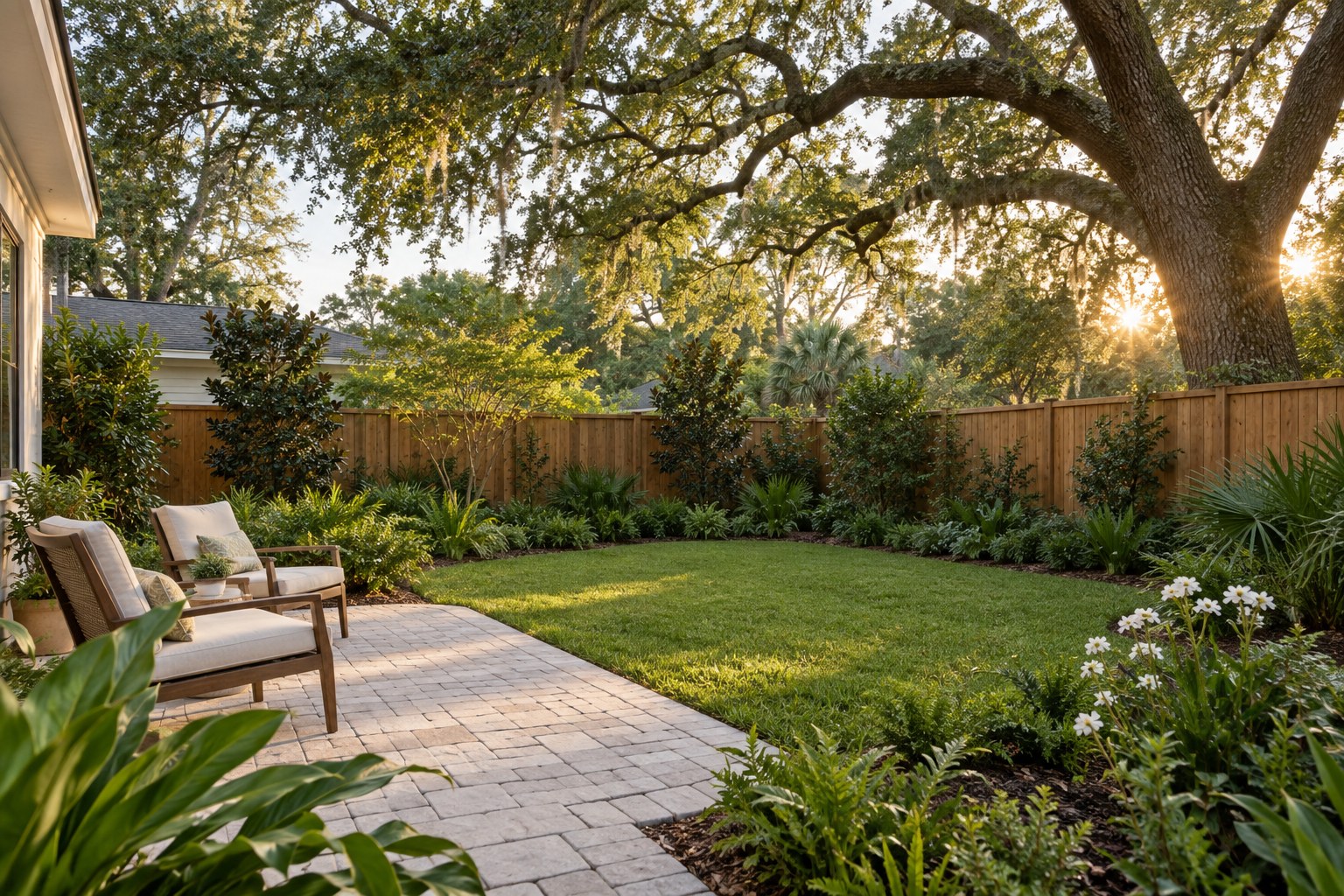 Conceptual North Florida backyard with a shaded patio, lawn, garden beds and wood privacy fence