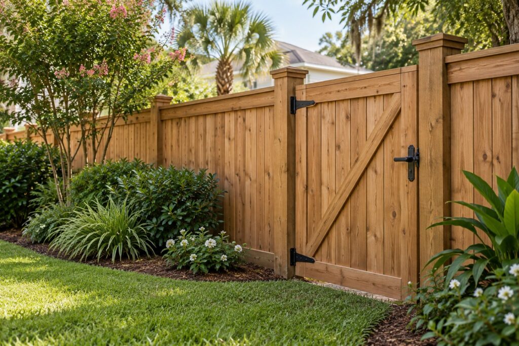 Wood privacy fence and garden gate with planting