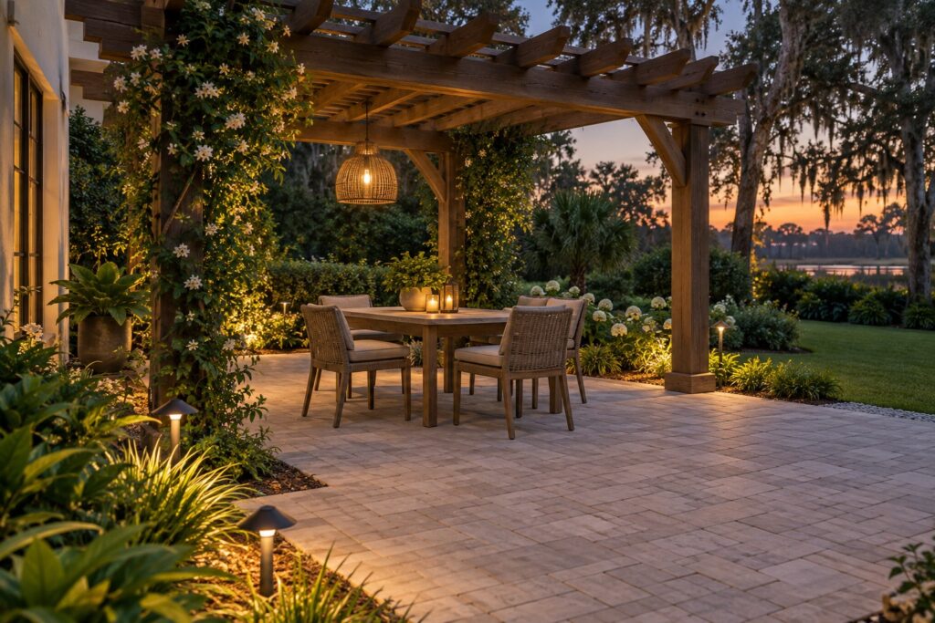 Paver patio, dining area and shaded pergola